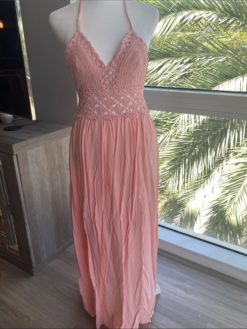Boho Crochet Halter Maxi Dress in Blush Pink Size Small